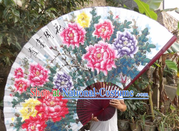 Chinese Traditional Fans Decoration Crafts Red Frame Hand Painting Peony Folding Fans Paper Fans