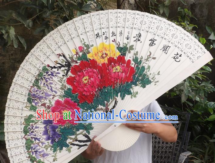 Chinese Traditional Fans Decoration Crafts Hand Painting Peony Flowers Folding Fans Wood Fans