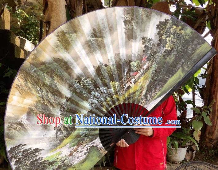 Chinese Traditional Fans Decoration Crafts Hand Painting Landscape Black Frame Folding Fans Paper Fans