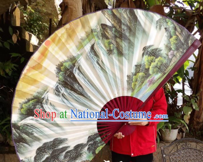 Chinese Traditional Fans Decoration Crafts Hand Painting Waterfall Landscape Red Frame Folding Fans Paper Fans