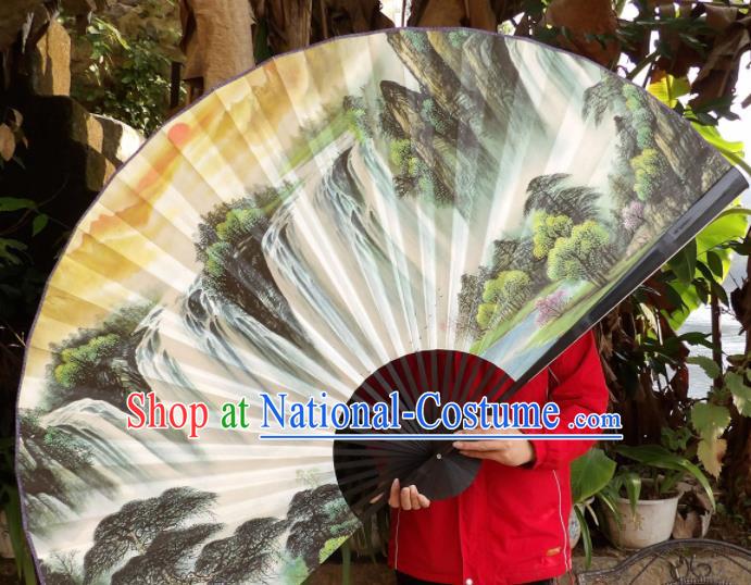 Chinese Traditional Fans Decoration Crafts Hand Painting Waterfall Landscape Black Frame Folding Fans Paper Fans