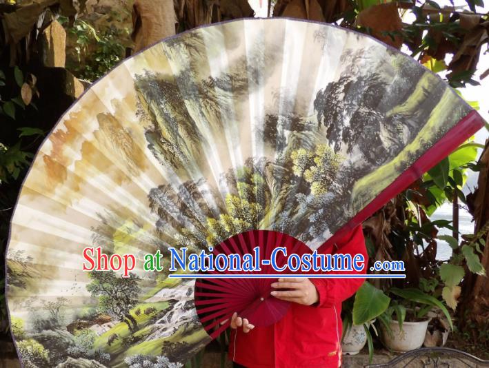 Chinese Traditional Fans Decoration Crafts Hand Ink Painting Landscape Red Frame Folding Fans Paper Fans