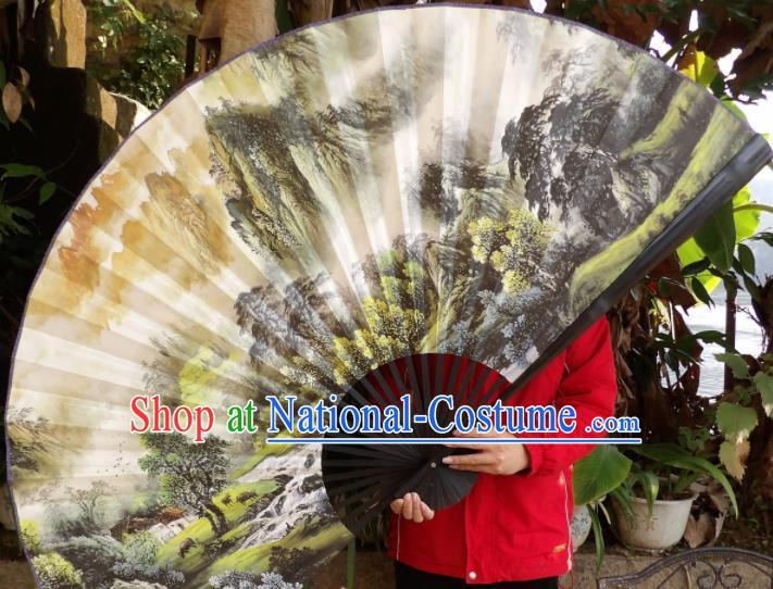 Chinese Traditional Fans Decoration Crafts Hand Ink Painting Landscape Black Frame Folding Fans Paper Fans