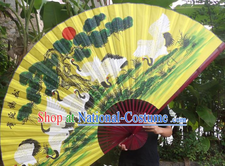 Chinese Traditional Fans Decoration Crafts Red Frame Painting Cranes Folding Fans Yellow Paper Fans