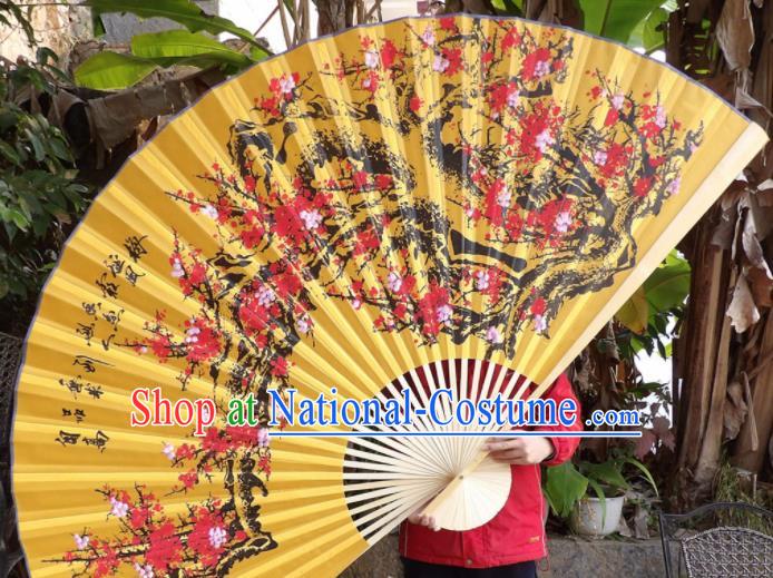 Chinese Traditional Fans Decoration Crafts Painting Plum Blossom Wood Frame Folding Fans Yellow Silk Fans