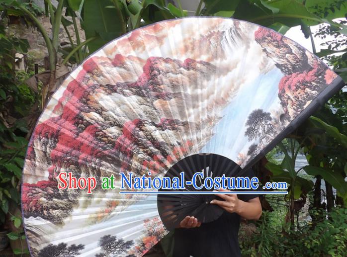 Chinese Traditional Fans Decoration Crafts Black Frame Ink Painting Mountain View Folding Fans Paper Fans