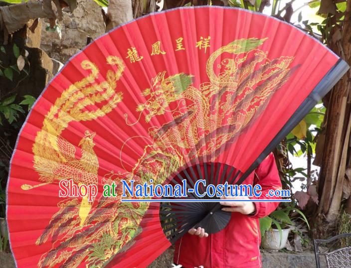 Chinese Traditional Fans Decoration Crafts Painting Dragon Phoenix Black Frame Folding Fans Red Silk Fans