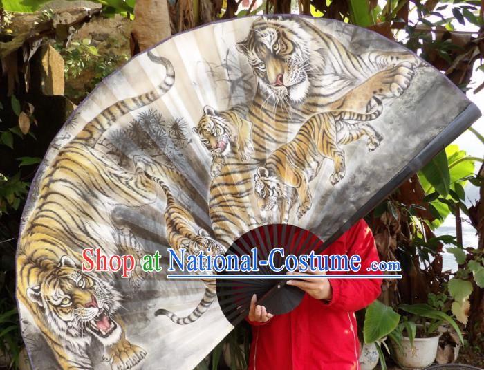 Chinese Traditional Fans Decoration Crafts Painting Tigers Black Frame Folding Fans Paper Fans