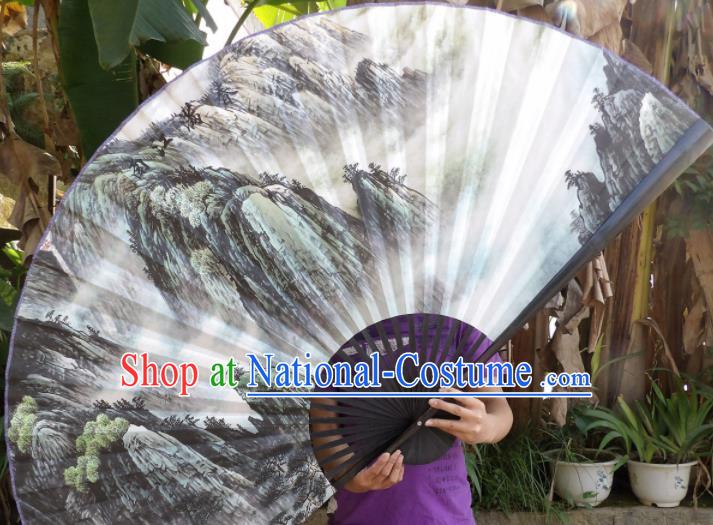 Chinese Traditional Paper Fans Decoration Crafts Landscape Painting Black Frame Folding Fans