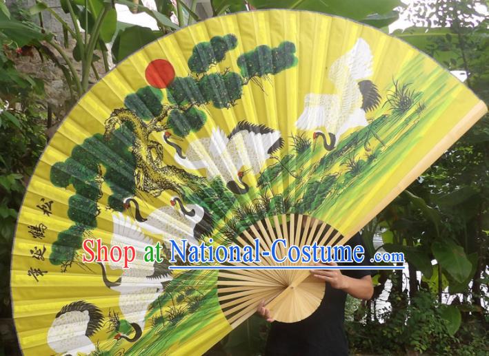 Chinese Traditional Fans Decoration Crafts Wood Frame Painting Cranes Folding Fans Yellow Paper Fans