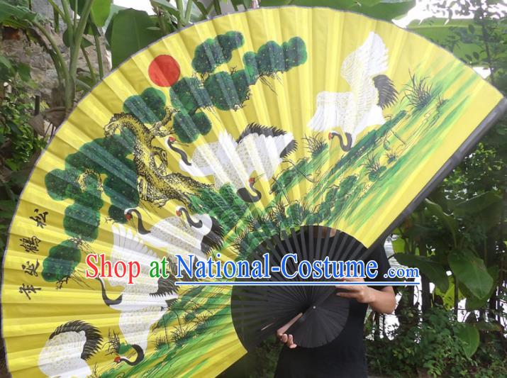 Chinese Traditional Fans Decoration Crafts Black Frame Painting Cranes Folding Fans Yellow Paper Fans