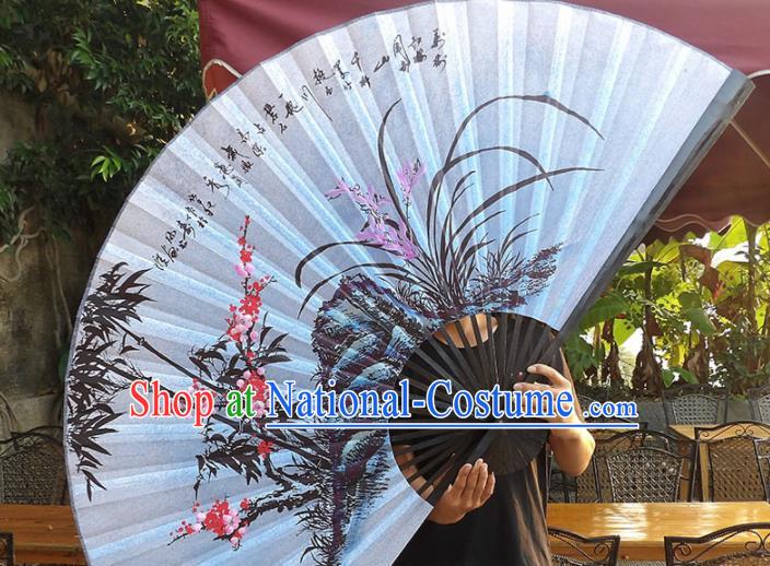 Chinese Traditional Handmade Silk Fans Decoration Crafts Ink Painting Plum Blossom Orchid Bamboo Black Frame Folding Fans