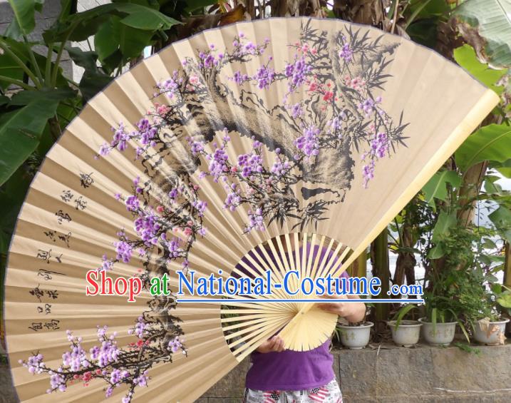 Chinese Traditional Handmade Paper Fans Decoration Crafts Ink Painting Purple Plum Blossom Wood Frame Folding Fans