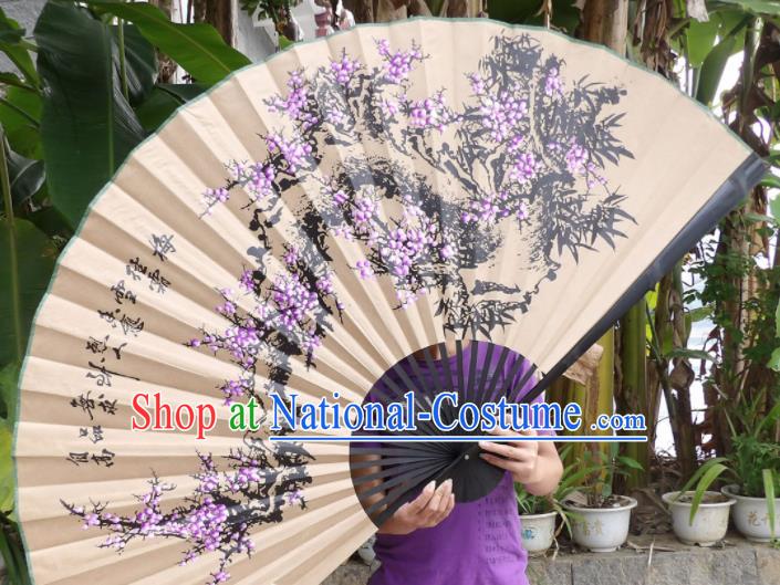 Chinese Traditional Handmade Paper Fans Decoration Crafts Ink Painting Purple Plum Blossom Black Frame Folding Fans