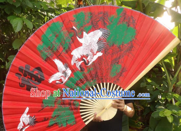 Chinese Traditional Handmade Red Silk Fans Decoration Crafts Painting Cranes Wood Frame Folding Fans