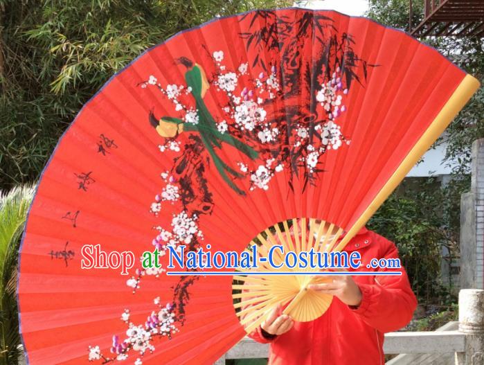 Chinese Traditional Handmade Red Silk Fans Decoration Crafts Painting Plum Blossom Wood Frame Folding Fans