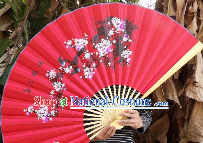 Chinese Traditional Handmade Red Silk Fans Decoration Crafts Painting Plum Blossom Magpie Wood Frame Folding Fans