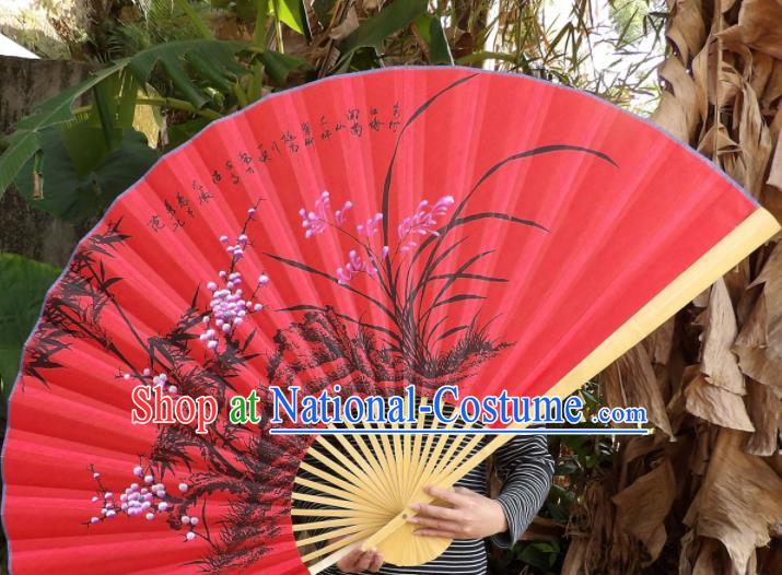 Chinese Traditional Handmade Red Silk Fans Decoration Crafts Ink Painting Orchids Folding Fans