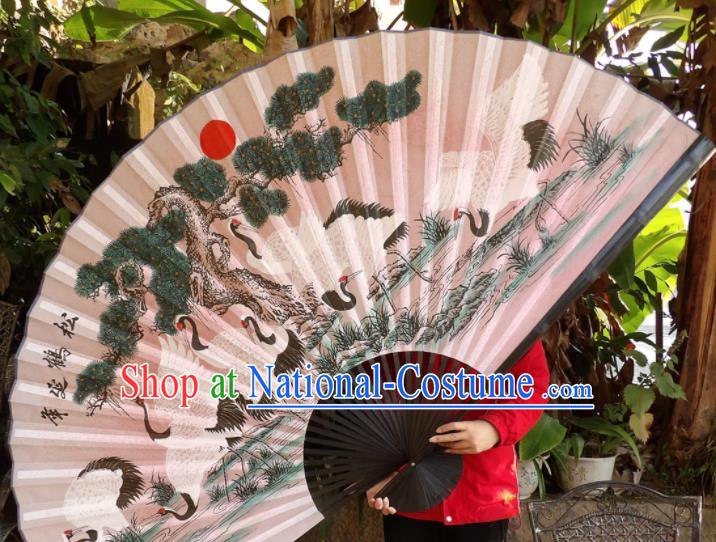 Chinese Traditional Handmade Silk Fans Decoration Crafts Ink Painting Cranes Black Frame Folding Fans