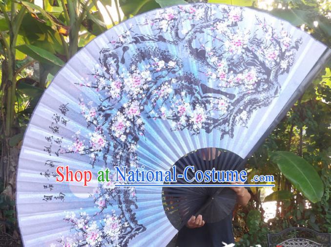 Chinese Traditional Handmade Blue Silk Fans Decoration Crafts Ink Painting Plum Blossom Black Frame Folding Fans