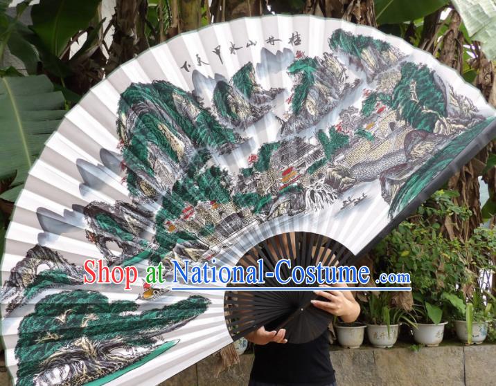 Chinese Traditional Handmade Silk Fans Decoration Crafts Ink Painting Guilin Scenery Black Frame Folding Fans