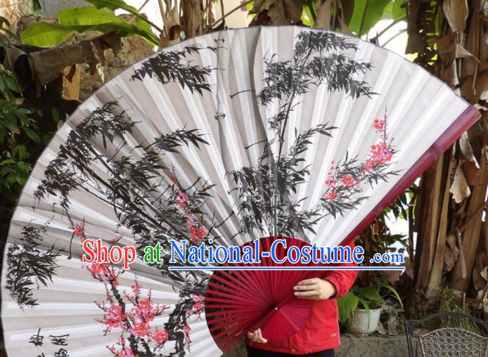 Chinese Traditional Handmade Silk Fans Decoration Crafts Ink Painting Plum Blossom Bamboo Red Frame Folding Fans