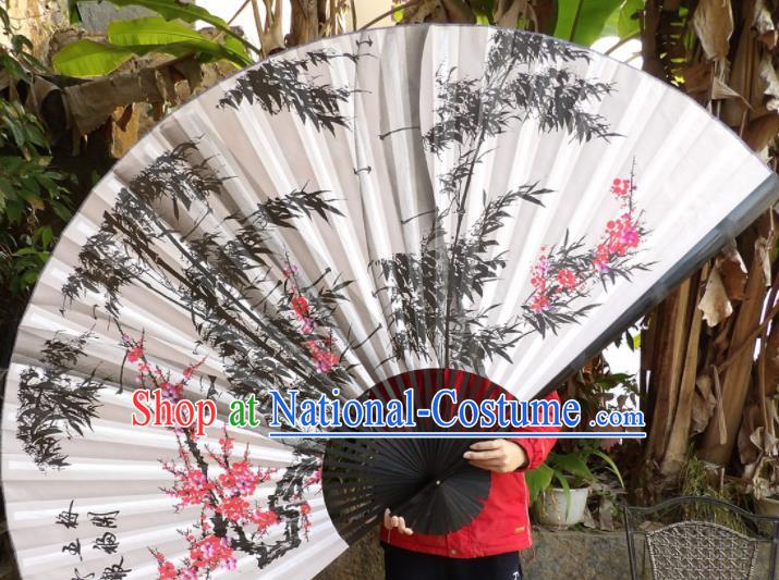 Chinese Traditional Handmade Silk Fans Decoration Crafts Ink Painting Plum Blossom Bamboo Black Frame Folding Fans