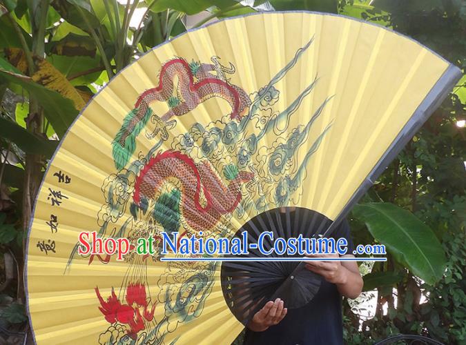 Chinese Traditional Handmade Yellow Silk Fans Decoration Crafts Ink Painting Dragon Black Frame Folding Fans