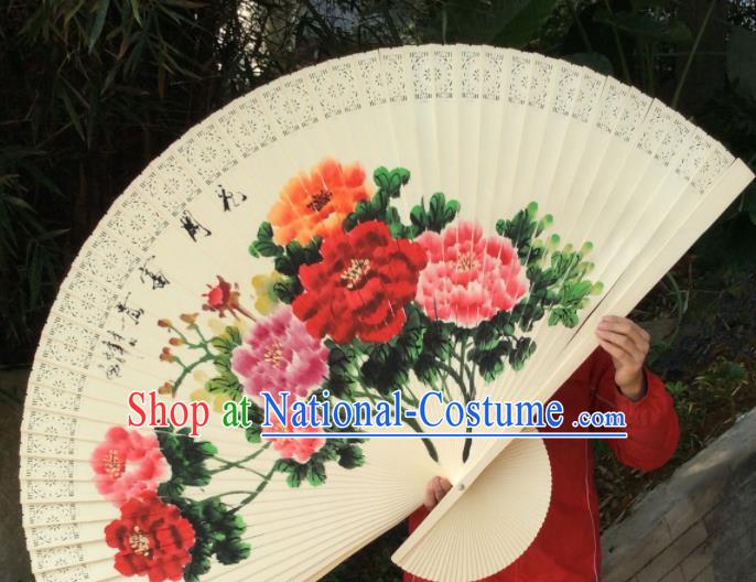 Chinese Traditional Handmade Wood Fans Decoration Crafts Ink Painting Peony Folding Fans