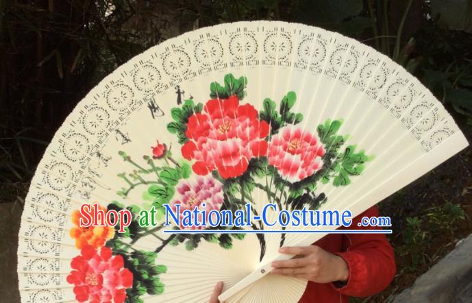 Chinese Traditional Handmade Wood Fans Decoration Crafts Ink Painting Peony Flowers Folding Fans