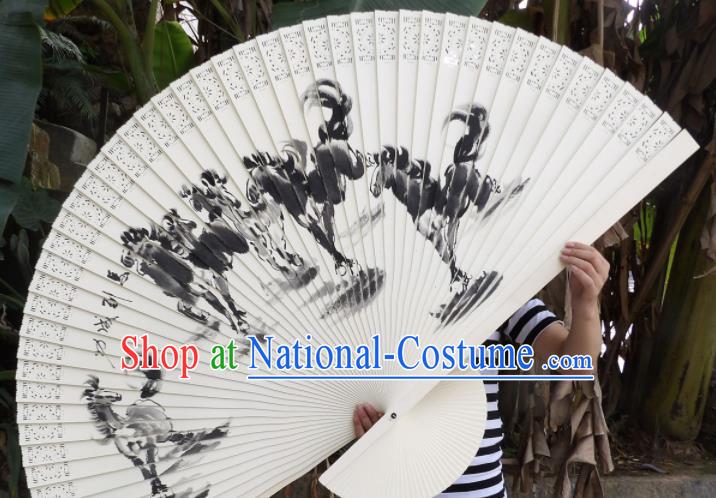 Chinese Traditional Handmade Wood Fans Decoration Crafts Ink Painting Horses Folding Fans