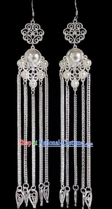 Chinese Ethnic Jewelry Accessories Mongolian Minority Nationality Long White Earrings for Women