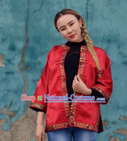 Chinese Traditional Mongol Ethnic Costume Mongolian Minority Nationality Red Brocade Blouse for Women