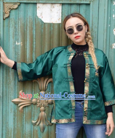 Chinese Traditional Mongol Ethnic Costume Mongolian Minority Nationality Green Brocade Blouse for Women