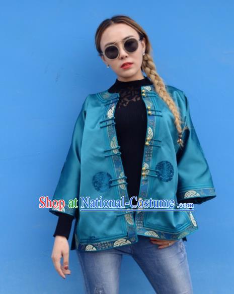 Chinese Traditional Mongol Ethnic Costume Mongolian Minority Nationality Blue Brocade Blouse for Women