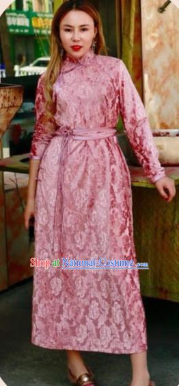 Chinese Traditional Mongol Ethnic Costume Mongolian Minority Nationality Pink Dress for Women