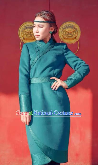 Chinese Mongol Minority Ethnic Costume Traditional Mongolian Green Woolen Coat for Women