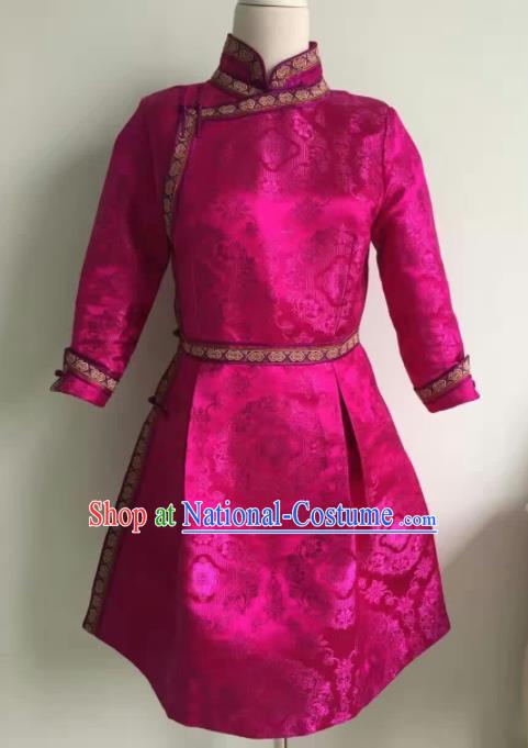 Chinese Mongol Minority Ethnic Costume Traditional Mongolian Rosy Brocade Dress for Women