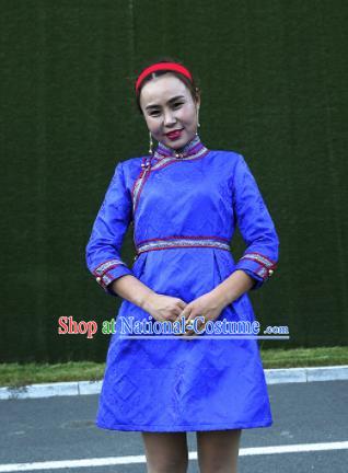 Chinese Mongol Minority Ethnic Costume Traditional Mongolian Blue Brocade Dress for Women