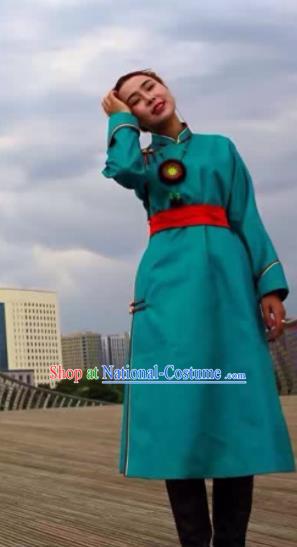 Chinese Mongol Minority Ethnic Costume Traditional Green Brocade Mongolian Robe for Women