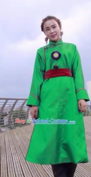 Chinese Mongol Minority Ethnic Costume Traditional Light Green Brocade Mongolian Robe for Women