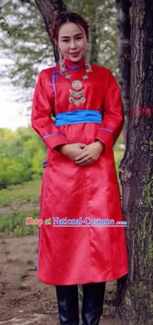 Chinese Mongol Minority Ethnic Costume Traditional Red Brocade Mongolian Robe for Women