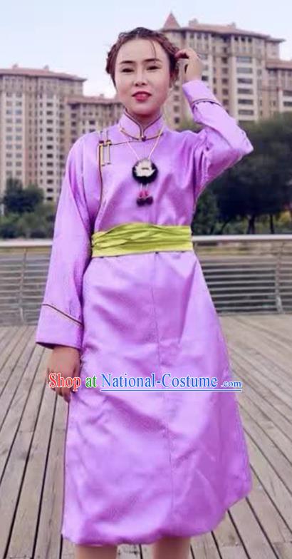 Chinese Mongol Minority Ethnic Costume Traditional Purple Brocade Mongolian Robe for Women