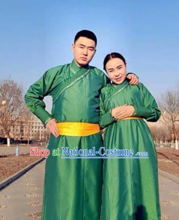 Chinese Mongol Minority Ethnic Costume Traditional Green Brocade Mongolian Robe for Women for Men