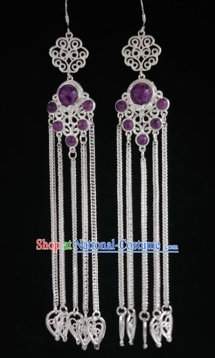 Chinese Ethnic Jewelry Accessories Mongolian Minority Nationality Long Purple Earrings for Women