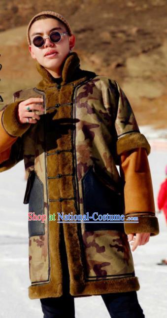 Chinese Traditional Mongol Ethnic Costume Mongolian Minority Nationality Suede Fabric Camouflage Coat for Men