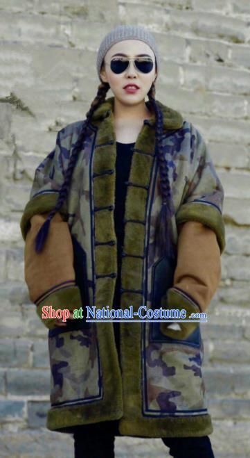 Chinese Traditional Mongol Ethnic Costume Mongolian Minority Nationality Camouflage Coat for Women