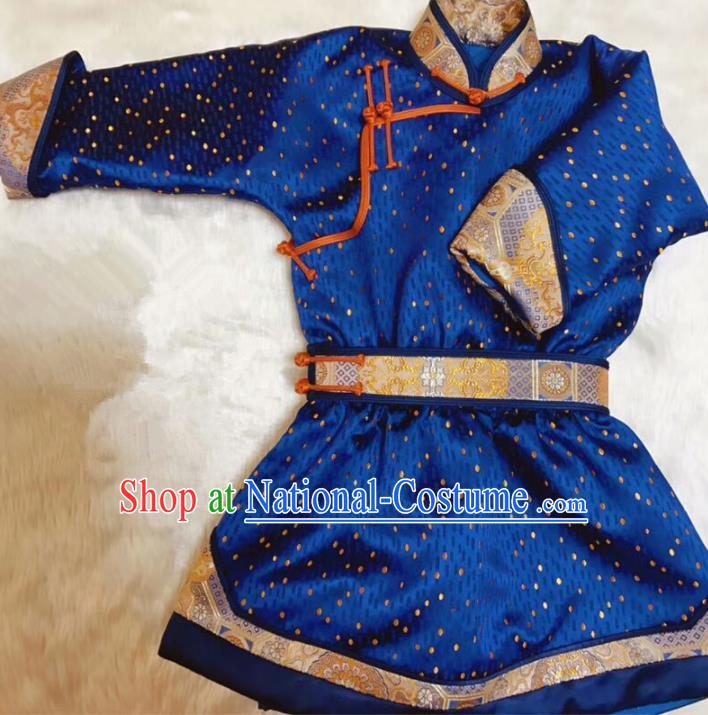 Chinese Traditional Mongol Ethnic Costume Mongolian Minority Nationality Blue Robe for Kids