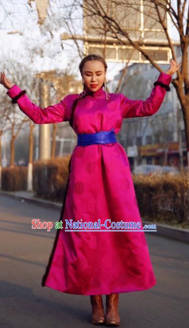 Chinese Traditional Mongol Ethnic Female Costume Mongolian Minority Nationality Rosy Robe for Women