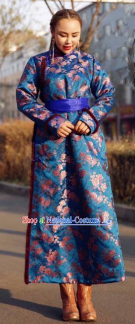 Chinese Traditional Mongol Ethnic Female Costume Mongolian Minority Nationality Royalblue Robe for Women